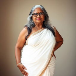 A voluptuous, dark-skinned Indian woman in her 60s, exuding confidence and sensuality