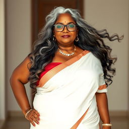 A voluptuous, dark-skinned Indian woman in her 60s, exuding confidence and sensuality