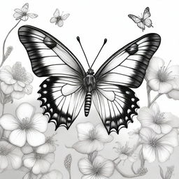 A high-quality pencil drawing featuring a different butterfly, mid-flight amongst a backdrop of flowers