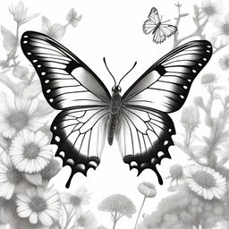 A high-quality pencil drawing featuring a different butterfly, mid-flight amongst a backdrop of flowers