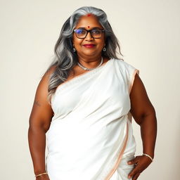 A voluptuous, dark-skinned Indian woman in her 60s, radiating confidence and sensuality