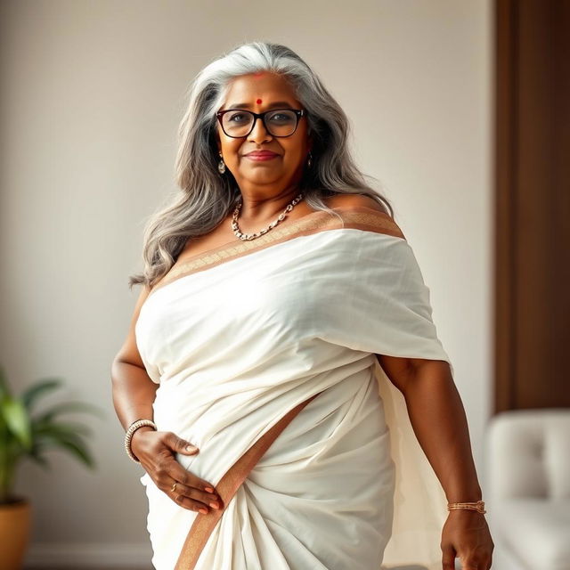 A voluptuous, dark-skinned Indian woman in her 60s, radiating confidence and sensuality