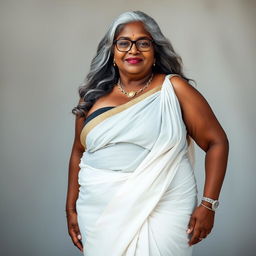 A voluptuous, dark-skinned Indian woman in her 60s, radiating confidence and sensuality