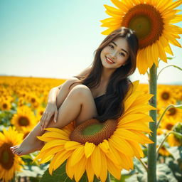 A beautiful young Korean woman sitting gracefully on a blooming sunflower petal, glancing at the camera with a gentle smile
