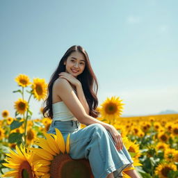 A beautiful young Korean woman sitting gracefully on a blooming sunflower petal, glancing at the camera with a gentle smile