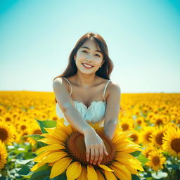 A beautiful young Korean woman sitting gracefully on a blooming sunflower petal, glancing at the camera with a gentle smile