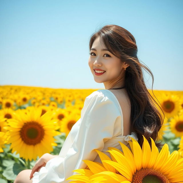 A beautiful young Korean woman sitting gracefully on a blooming sunflower petal, glancing at the camera with a gentle smile