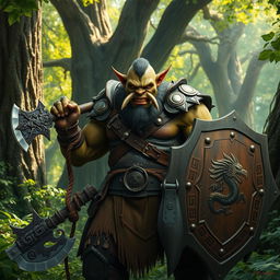 A fierce and intimidating orc warrior standing proudly in a lush green forest