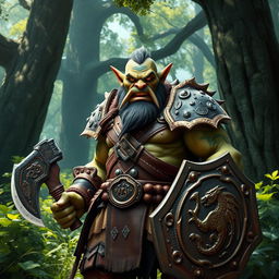 A fierce and intimidating orc warrior standing proudly in a lush green forest