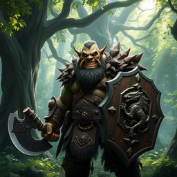 A fierce and intimidating orc warrior standing proudly in a lush green forest