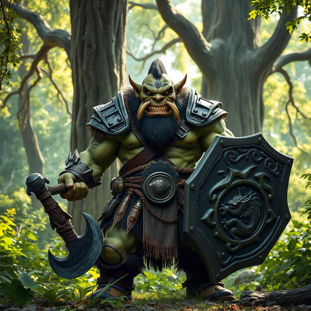 A fierce and intimidating orc warrior standing proudly in a lush green forest