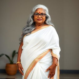 A voluptuous, dark-skinned Indian woman in her 60s, radiating confidence and sensuality