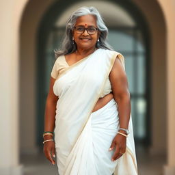 A voluptuous, dark-skinned Indian woman in her 60s, radiating confidence and sensuality