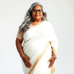A voluptuous, dark-skinned Indian woman in her 60s, radiating confidence and sensuality