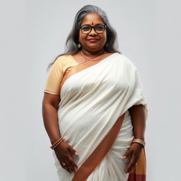 A voluptuous, dark-skinned Indian woman in her 60s, radiating confidence and sensuality