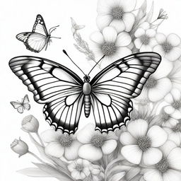 A high-quality pencil drawing featuring a different butterfly, mid-flight amongst a backdrop of flowers