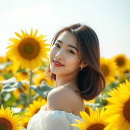 A beautiful young Korean woman elegantly posed on blooming sunflower petals, glancing softly at the camera with a gentle smile