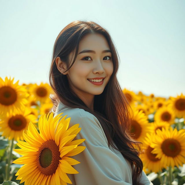 A beautiful young Korean woman elegantly posed on blooming sunflower petals, glancing softly at the camera with a gentle smile