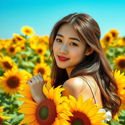 A beautiful young Korean woman elegantly posed on blooming sunflower petals, glancing softly at the camera with a gentle smile