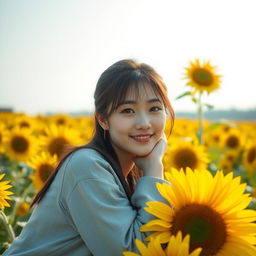 A beautiful young Korean woman elegantly posing atop blooming sunflower petals, gazing softly at the camera with a gentle smile