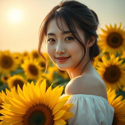 A beautiful young Korean woman elegantly posing atop blooming sunflower petals, gazing softly at the camera with a gentle smile