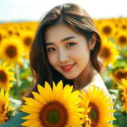 A beautiful young Korean woman elegantly posing atop blooming sunflower petals, gazing softly at the camera with a gentle smile