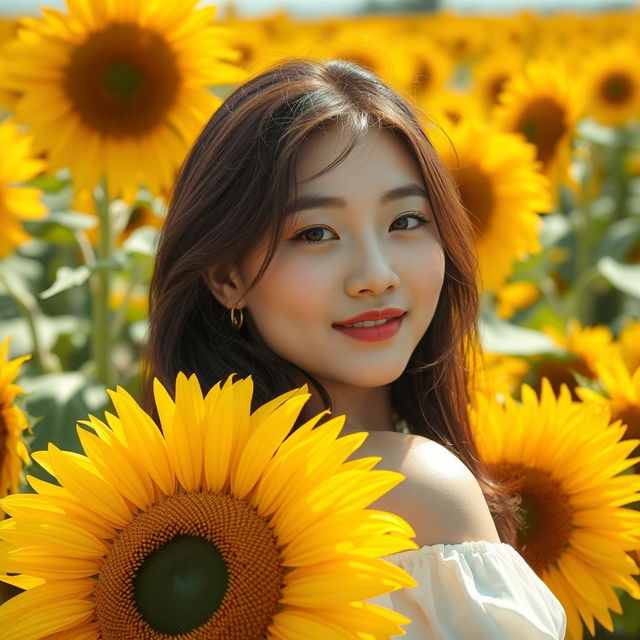 A beautiful young Korean woman elegantly posing atop blooming sunflower petals, gazing softly at the camera with a gentle smile