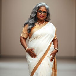 A voluptuous, dark-skinned Indian woman in her 50s, radiating confidence and sensuality