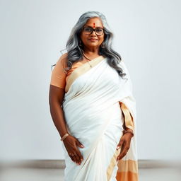 A voluptuous, dark-skinned Indian woman in her 50s, radiating confidence and sensuality
