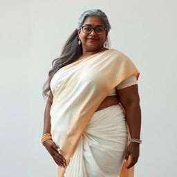 A voluptuous, dark-skinned Indian woman in her 50s, radiating confidence and sensuality