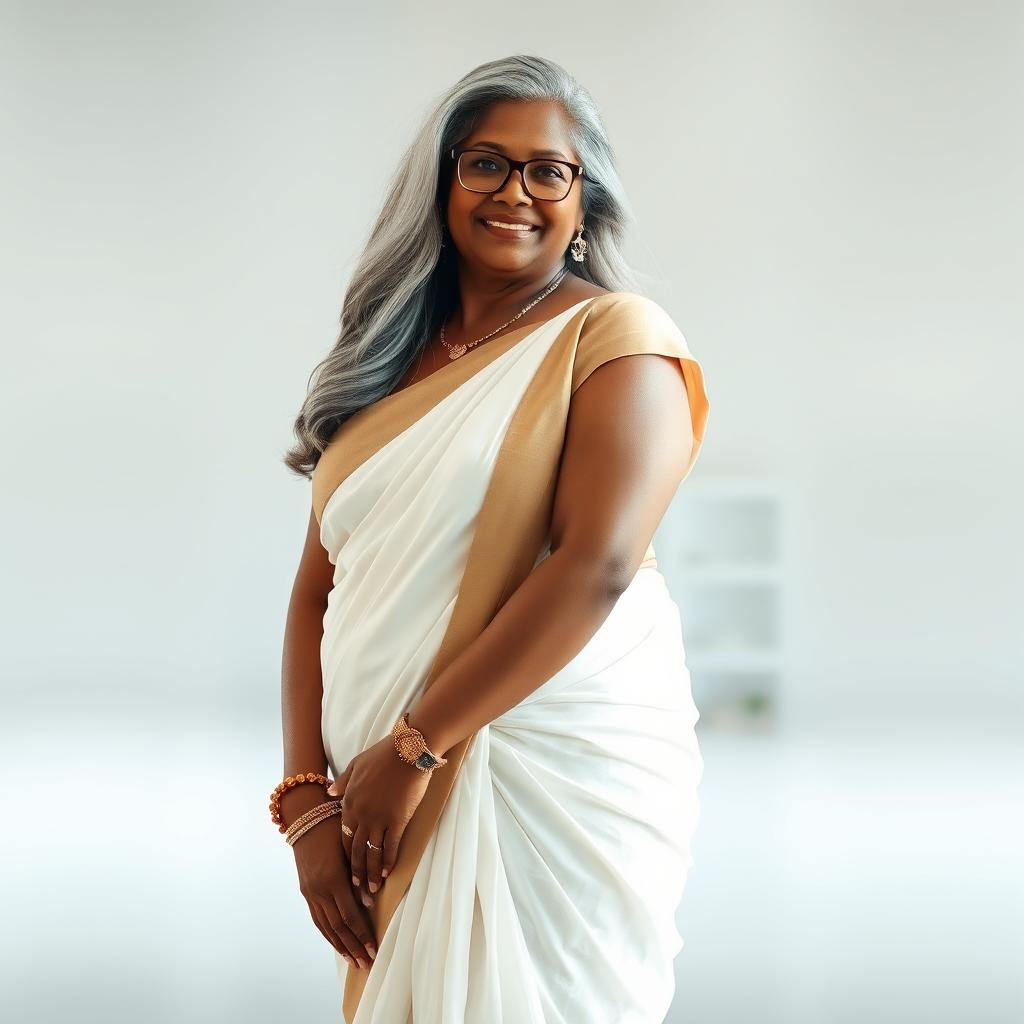 A voluptuous, dark-skinned Indian woman in her 50s, radiating confidence and sensuality