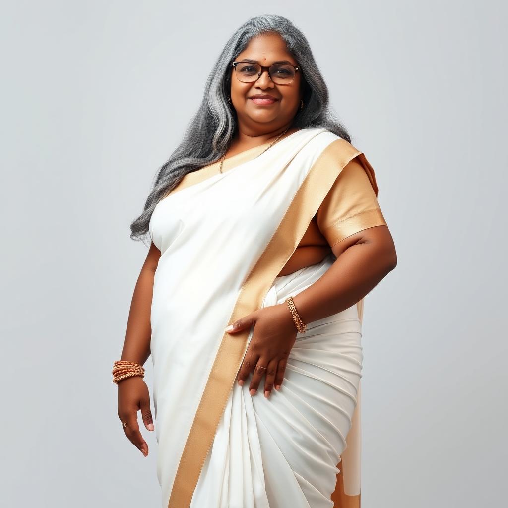 A voluptuous, dark-skinned Indian woman in her 50s, radiating confidence and sensuality