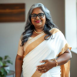 A voluptuous, dark-skinned Indian woman in her 50s, radiating confidence and sensuality