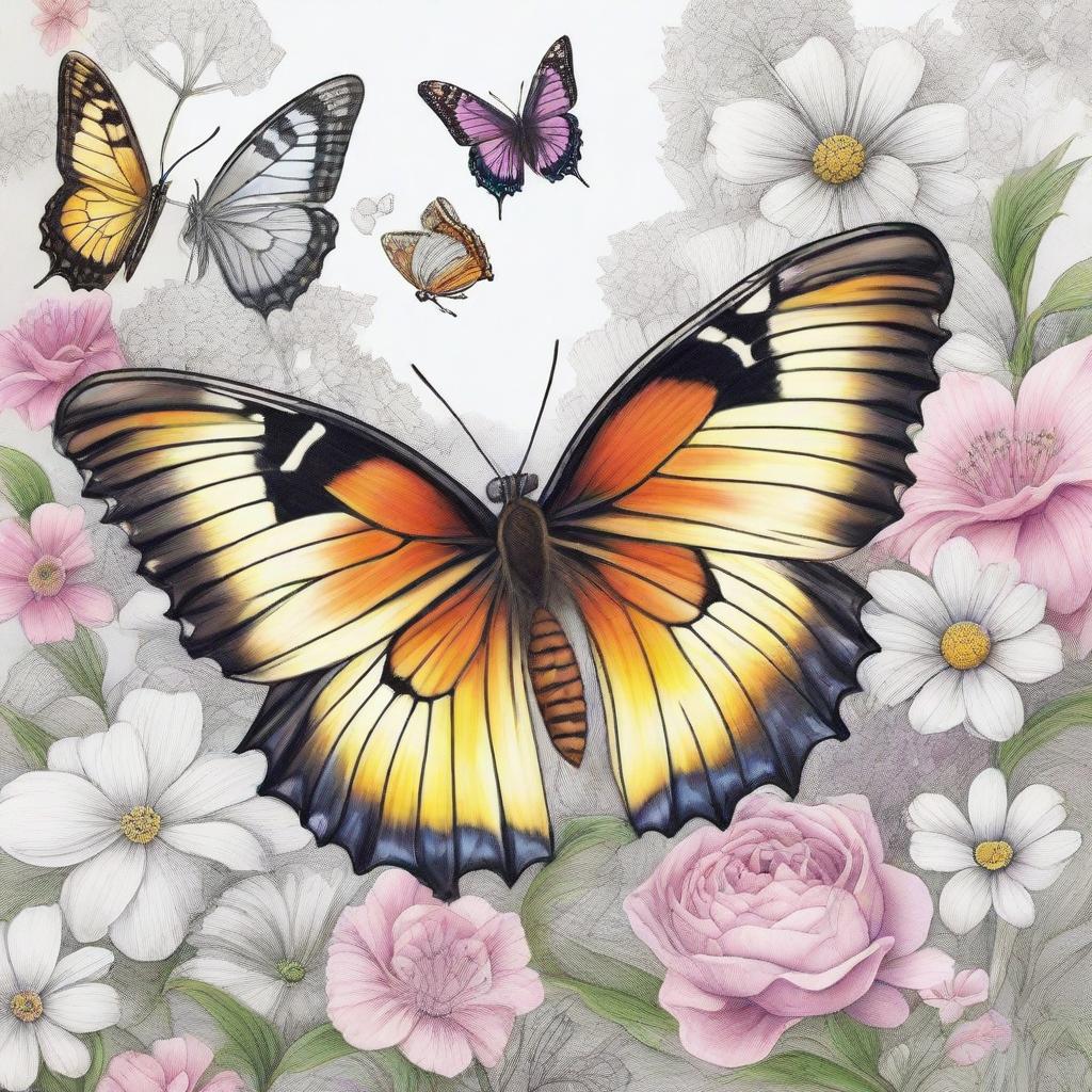 A high-quality pencil drawing featuring different butterflies fluttering among a backdrop of blooming flowers