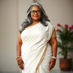 A voluptuous, dark-skinned Indian woman in her 50s, radiating confidence and sensuality
