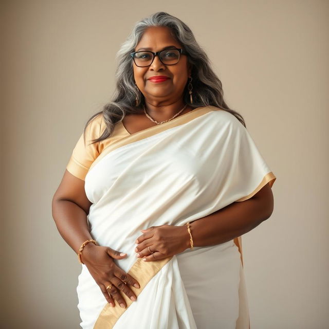 A voluptuous, dark-skinned Indian woman in her 50s, radiating confidence and sensuality