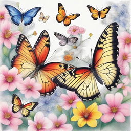 A high-quality pencil drawing featuring different butterflies fluttering among a backdrop of blooming flowers