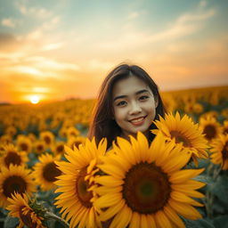 A beautiful Korean woman elegantly posing atop blooming sunflowers, casting a soft smile while gazing at the camera