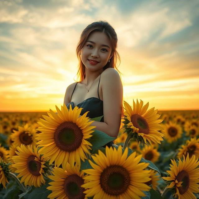 A beautiful Korean woman elegantly posing atop blooming sunflowers, casting a soft smile while gazing at the camera