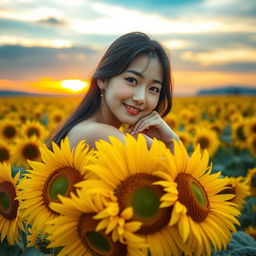 A beautiful Korean woman elegantly posing atop blooming sunflowers, casting a soft smile while gazing at the camera