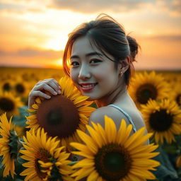A beautiful Korean woman elegantly posing atop blooming sunflowers, casting a soft smile while gazing at the camera