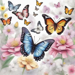 A high-quality pencil drawing featuring different butterflies fluttering among a backdrop of blooming flowers