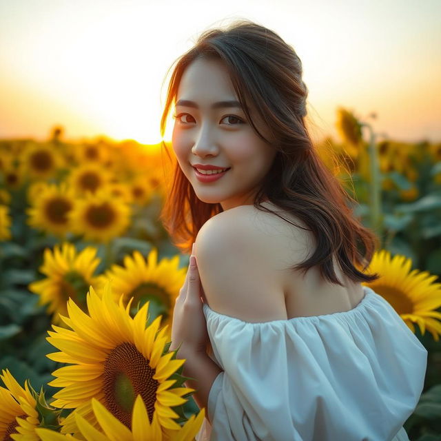 A beautiful Korean woman elegantly posing atop blooming sunflower petals, glancing at the camera with a soft smile