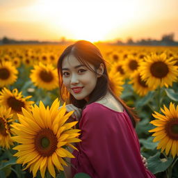 A beautiful Korean woman elegantly posing atop blooming sunflower petals, glancing at the camera with a soft smile