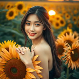 A beautiful Korean woman elegantly posing atop blooming sunflower petals, glancing at the camera with a soft smile
