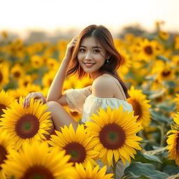 A beautiful Korean woman gracefully sitting on blooming sunflower petals, glancing at the camera with a soft smile