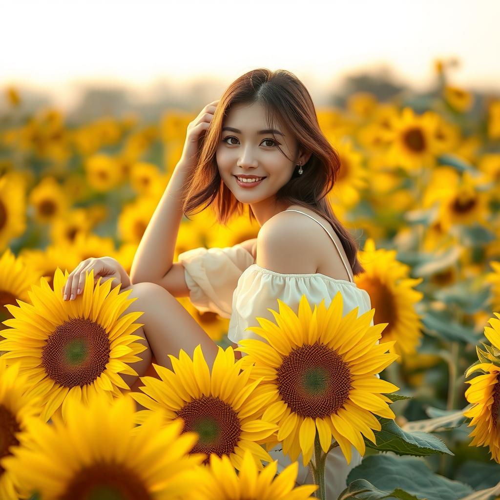 A beautiful Korean woman gracefully sitting on blooming sunflower petals, glancing at the camera with a soft smile
