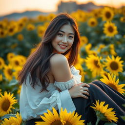 A beautiful Korean woman gracefully sitting on blooming sunflower petals, glancing at the camera with a soft smile