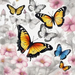 A high-quality pencil drawing featuring different butterflies fluttering among a backdrop of blooming flowers