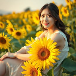 A beautiful Korean woman gracefully sitting on blooming sunflower petals, glancing at the camera with a soft smile